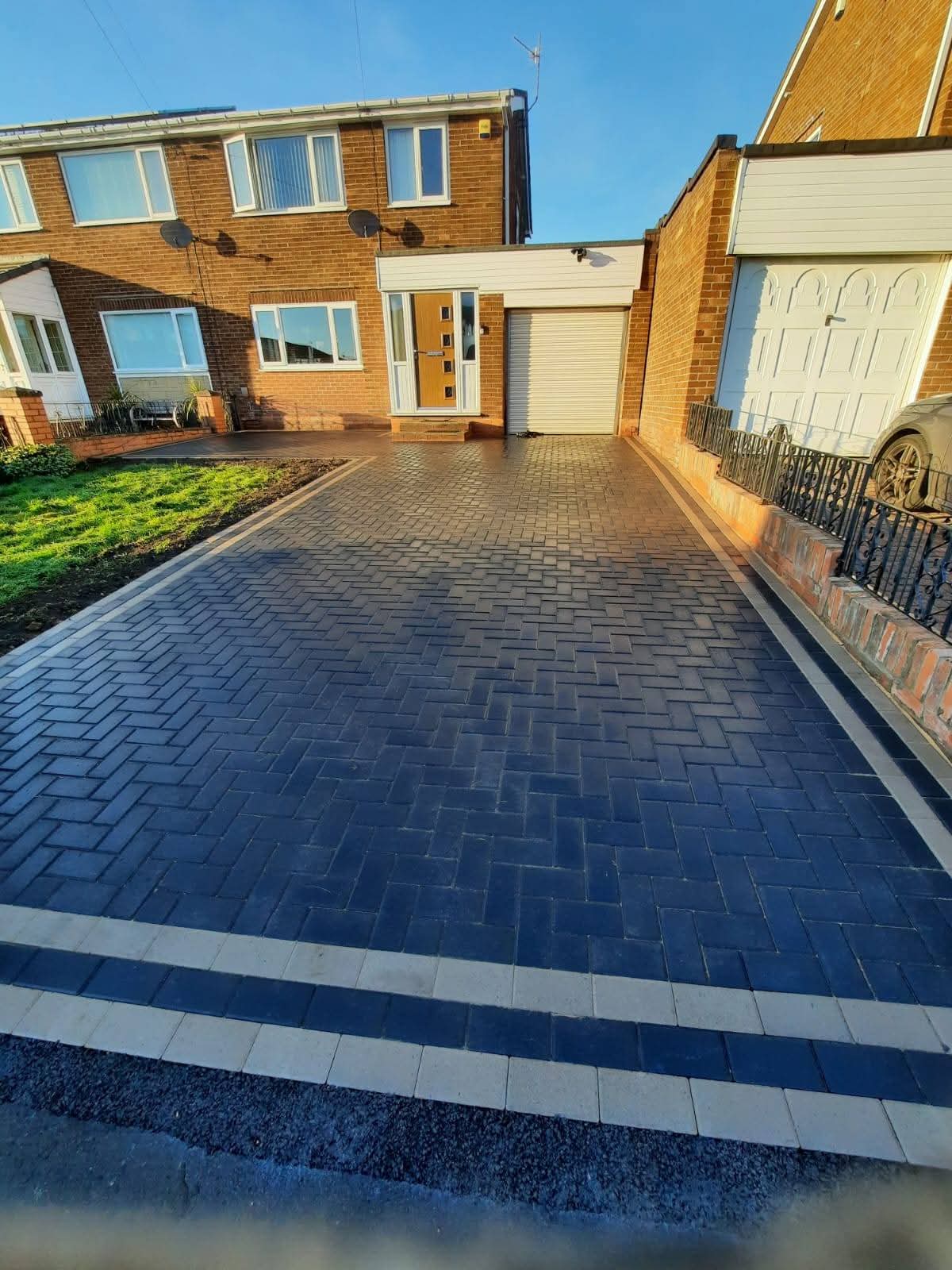 Herringbone pattern block paving driveway completed by E.R.D Paving in the North East